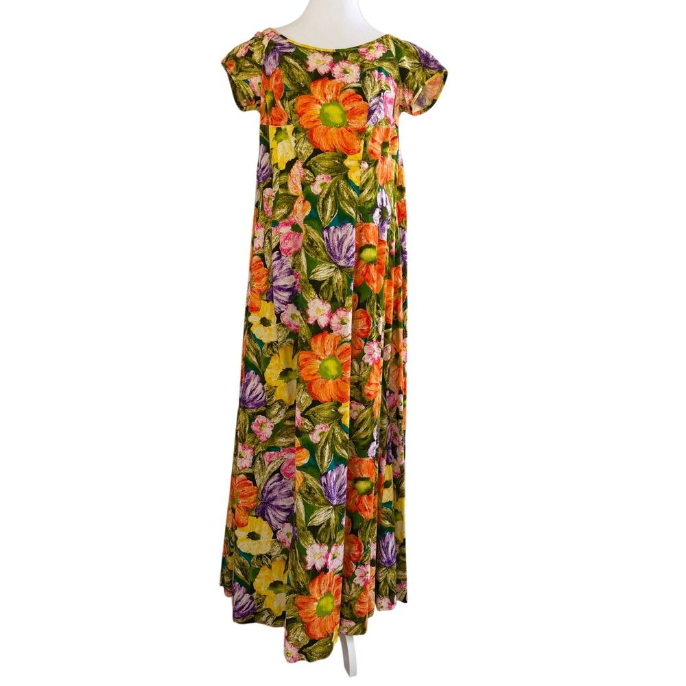 Vintage Kiyomi of Hawaii Watteau Back Floral Muumuu Dress Small Iolani Maxi